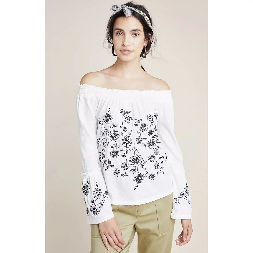 Anthropologie Annie Top Embroidered Off The Shoulder Blouse White Size Large